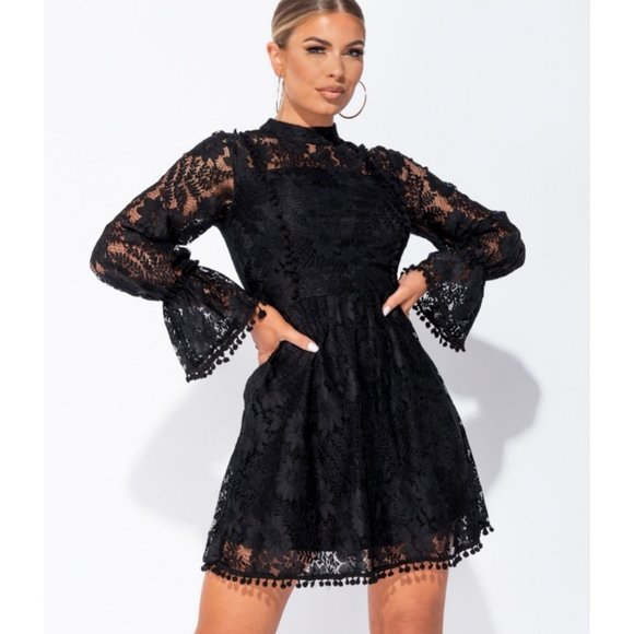 Dresses & Skirts - Black Lace High Neck Long Sleeve Mini Dress